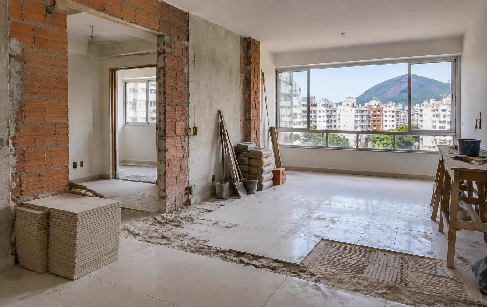 Apartamento em reforma com parede sendo demolida