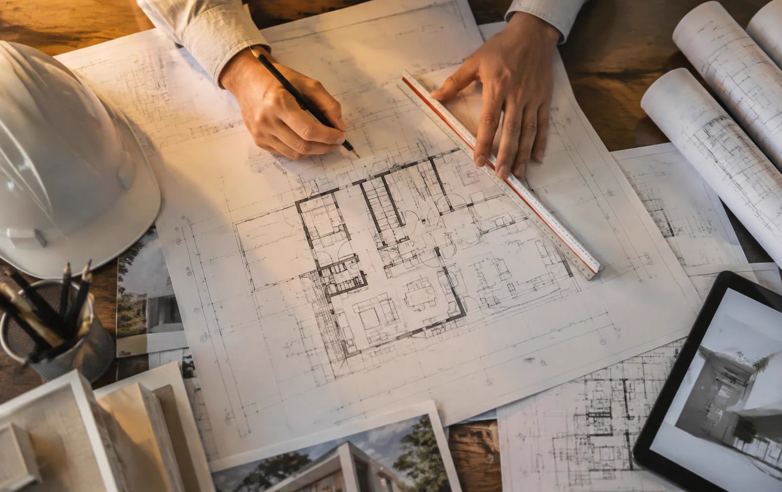 Engenheiro analisando plantas e projeto de reforma sobre a mesa